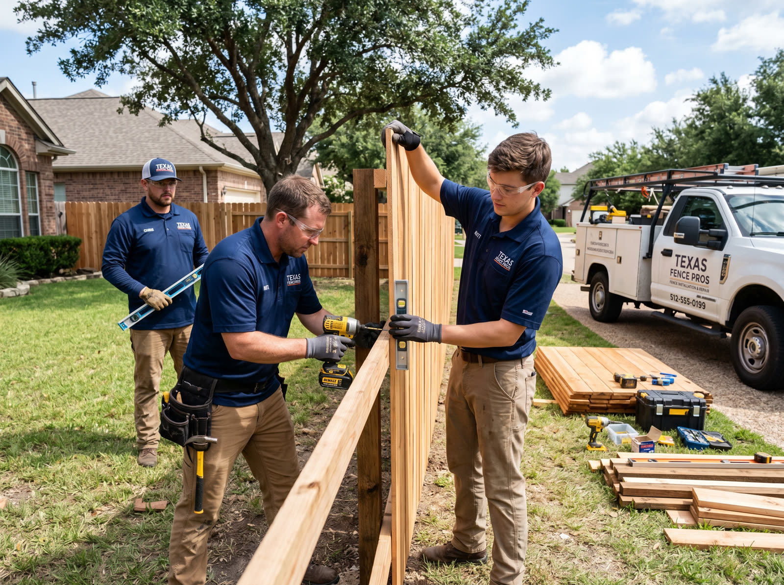 Fence Master crew installing a new wood fence panel in a Texas backyard