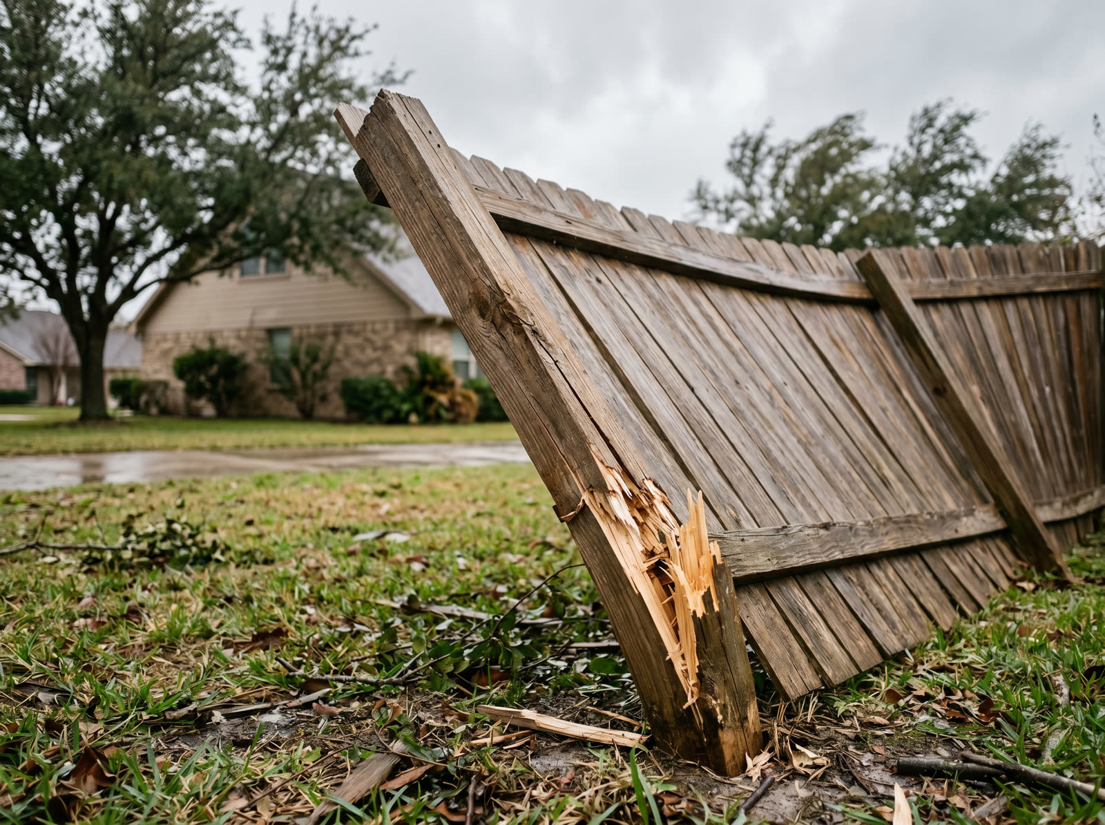 Snapped wooden fence post with splintered wood after a Texas thunderstorm